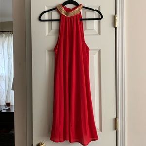 Red Athens-Style Dress with High Neck & Gold Chain